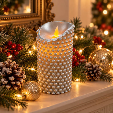 Silver Beaded Real Wax LED Candle with Timer