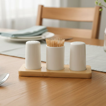Danny Home Salt , Pepper Shaker & Toothpicks Holder with Wood Stand