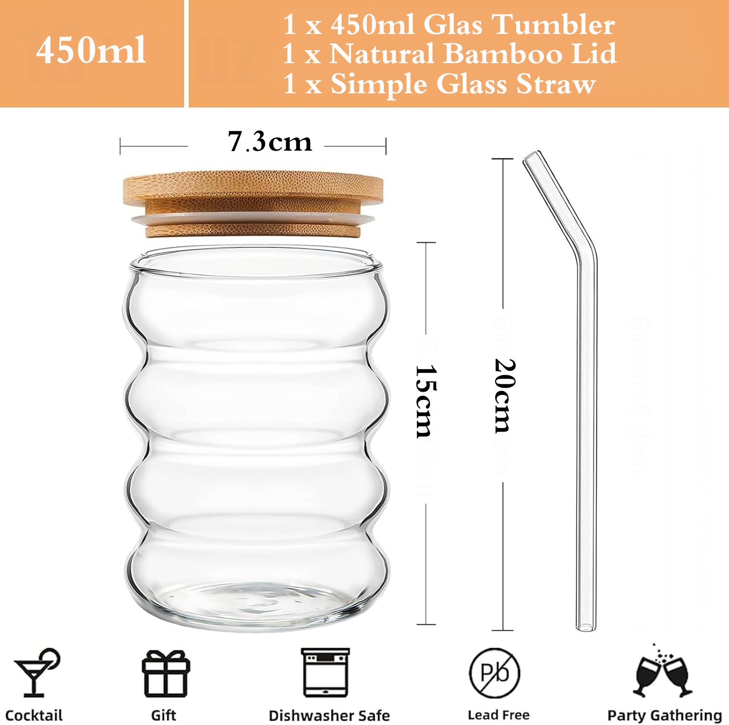 Matcha Wave Shaped Glass Tumblers Drinking with Lid and Straw – 450ml