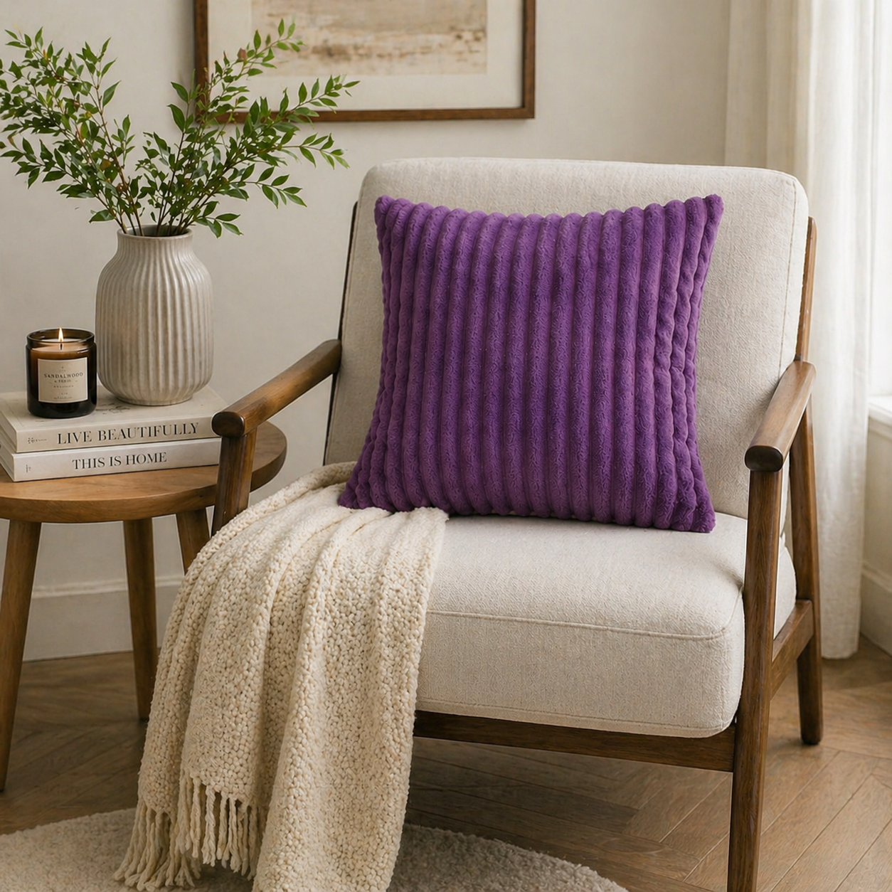 Tiseco Home Studio Cushion - Ribbed Plush Texture - Purple