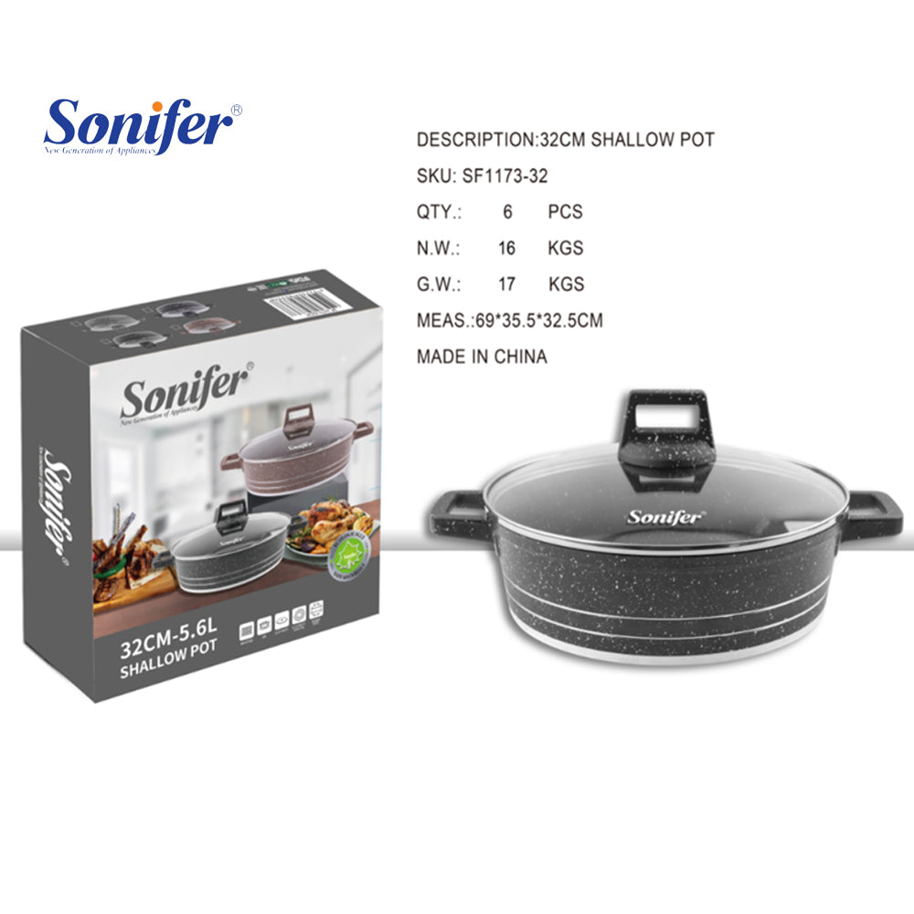 Sonifer 28/32/36/40cm Wear-Resistant Non-Stick Granite Shallow Pot with Glass Lid SF-1173 Black