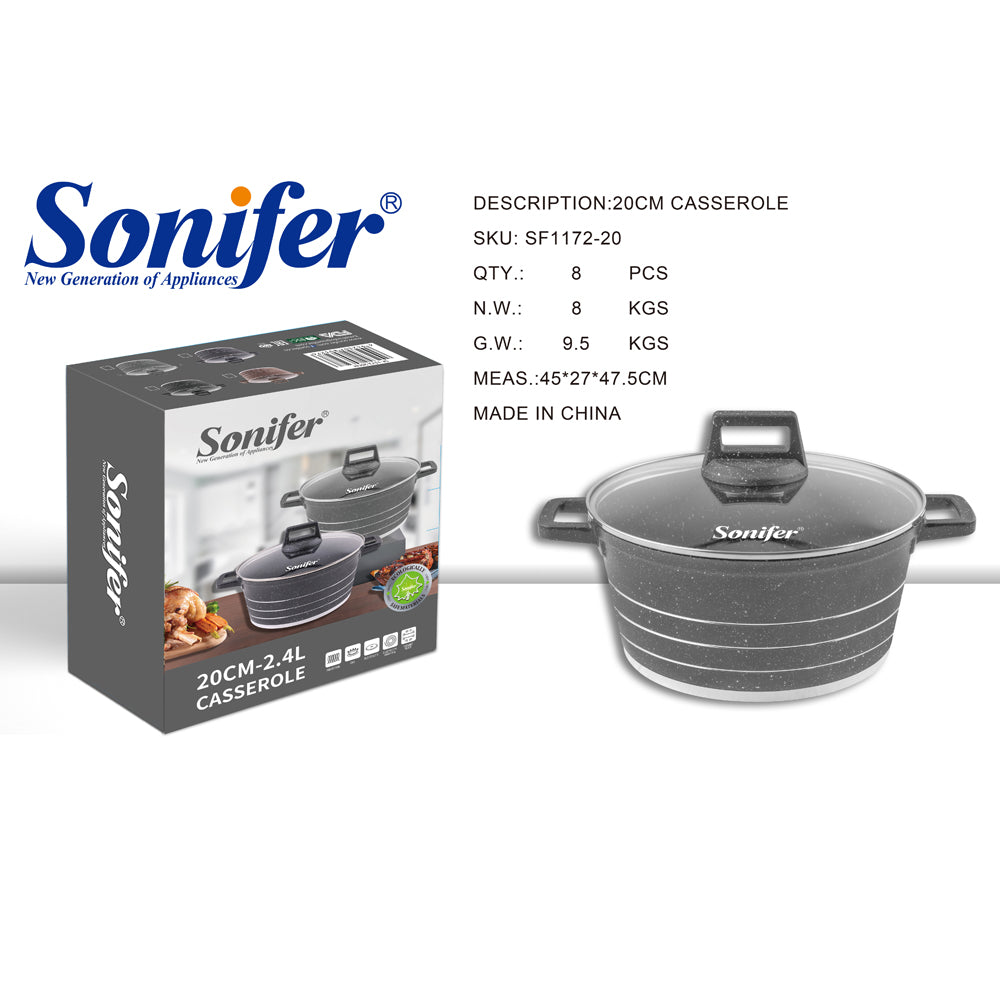 Sonifer 20/22/24/26/28/30/32/36cm Wear-Resistant Non-Stick Granite Casserole with Glass Lid SF-1172-Grey