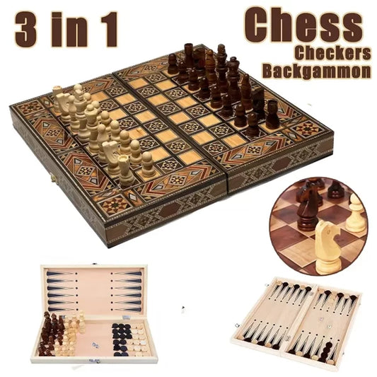 Deluxe Wooden Chess, Checker and Backgammon Set