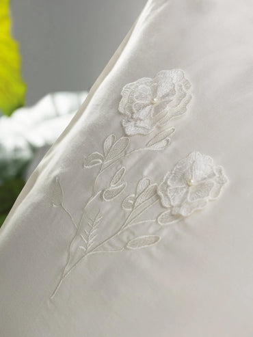 3D Embroidered Satin Double Duvet Cover Set Pure Ecru