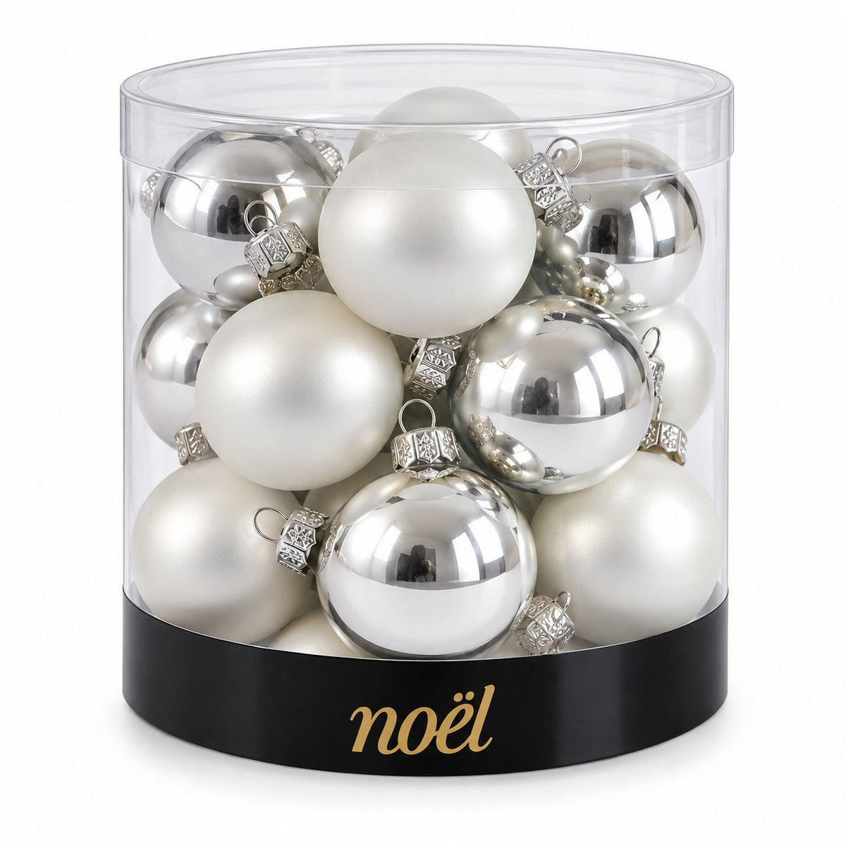 Noël Mini Christmas Baubles – Set of 15 – Silver & Pearl