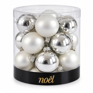Noël Mini Christmas Baubles – Set of 15 – Silver & Pearl