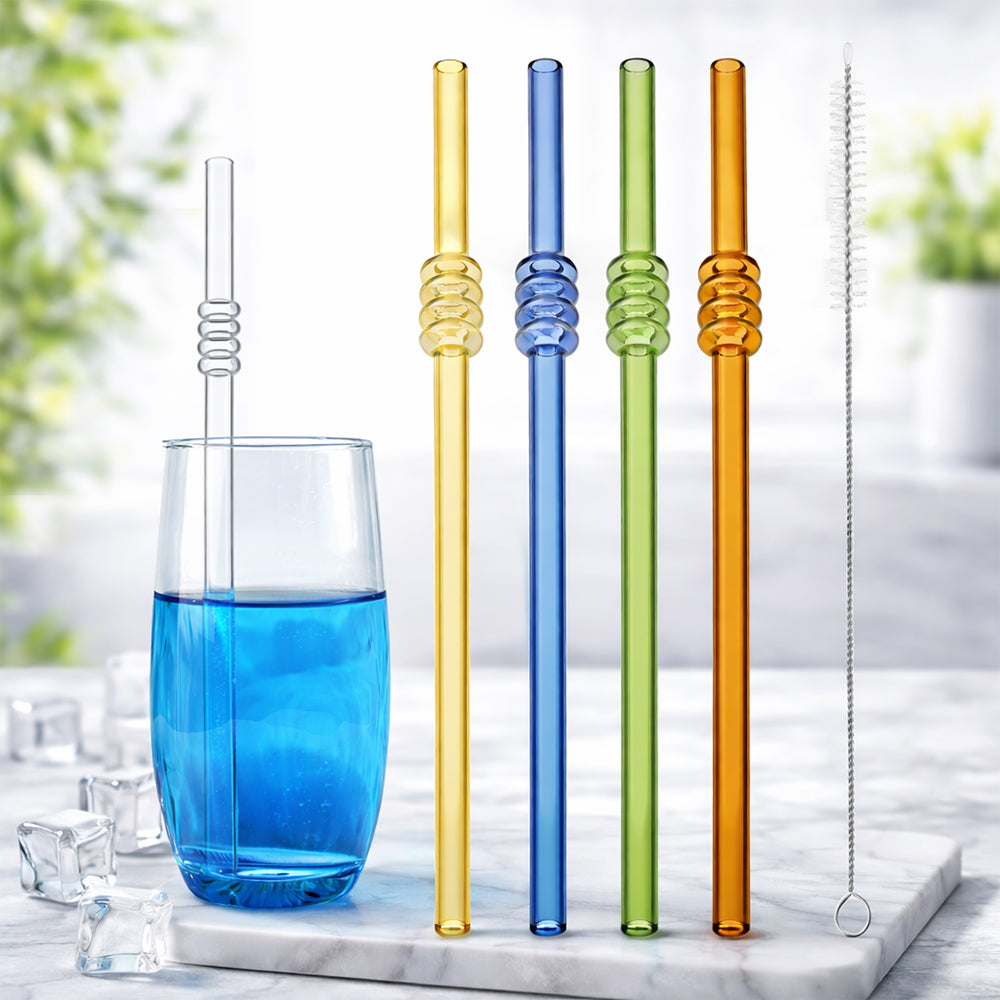 Tomatoes-on-Sticks Glass Straws Set – 4 Pcs + Cleaning Brush