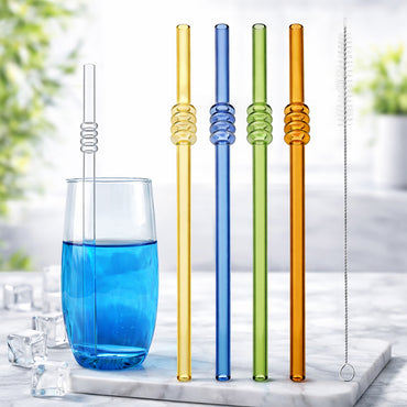 Tomatoes-on-Sticks Glass Straws Set – 4 Pcs + Cleaning Brush