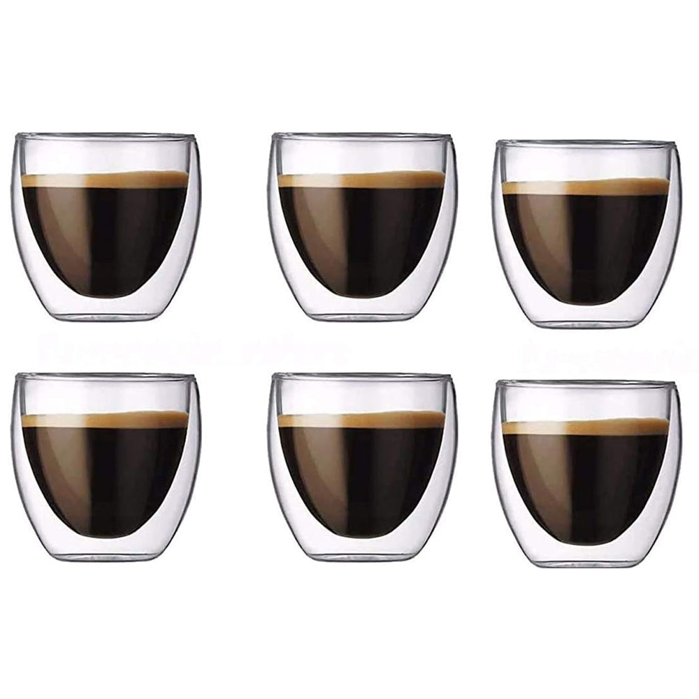 6-Pcs Double Wall Borosilicate Glass Espresso Cup Set Heat-resistant 80ml