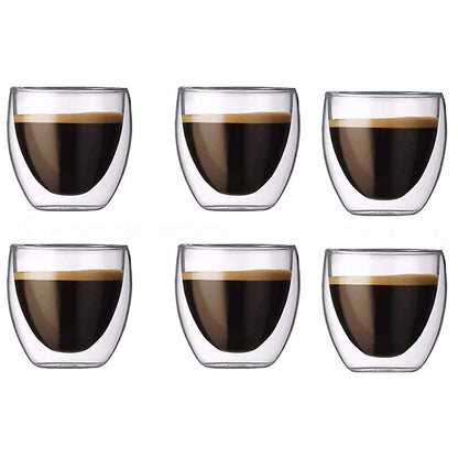 6-Pcs Double Wall Borosilicate Glass Espresso Cup Set Heat-resistant 80ml