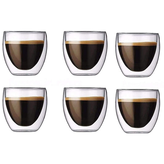 6-Pcs Double Wall Borosilicate Glass Espresso Cup Set Heat-resistant 80ml