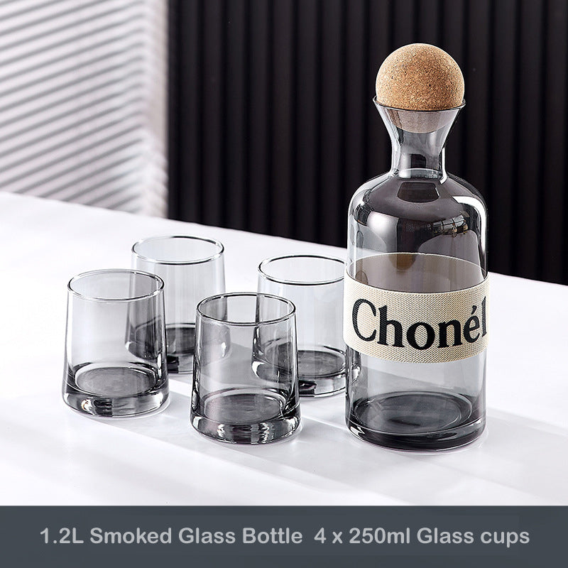 1.2L smoked Glass Bottle، Wooden ball Lid, 4 x 250ml Glass cups