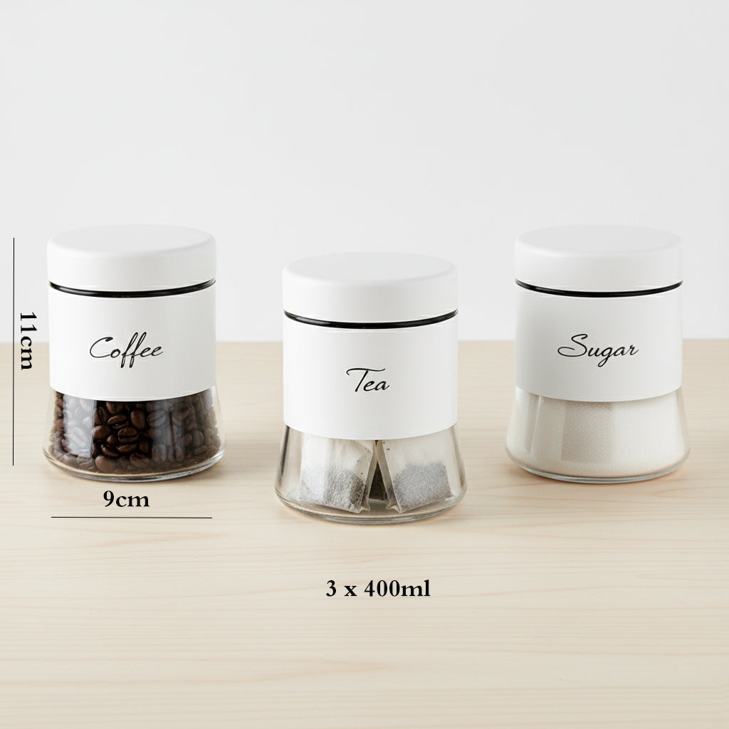 3-Pcs Stainless Steel With Glass Sugar Tea Coffee Canister Set Matte White-400ml