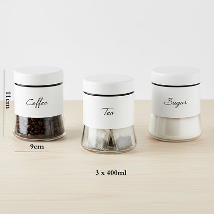 3-Pcs Stainless Steel With Glass Sugar Tea Coffee Canister Set Matte White-400ml
