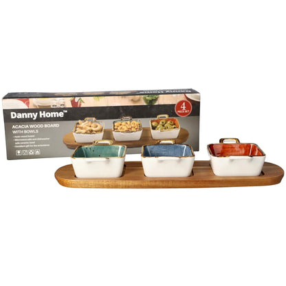 Danny Home Acacia Wood Board With 3-Pcs Sauce Bowls
