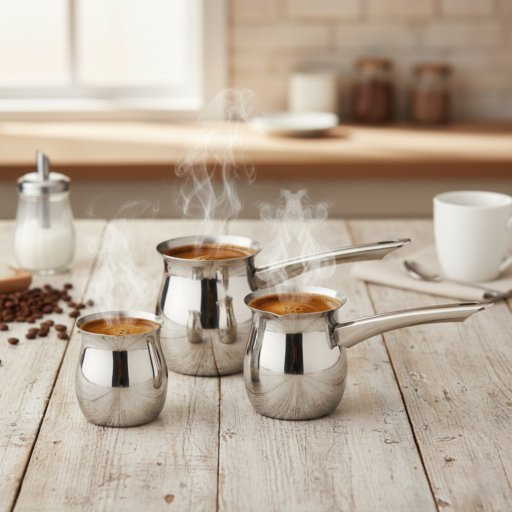 3-Pcs Stainless Steel Turkish Coffee Pot Set Size: 6-12-24/oz