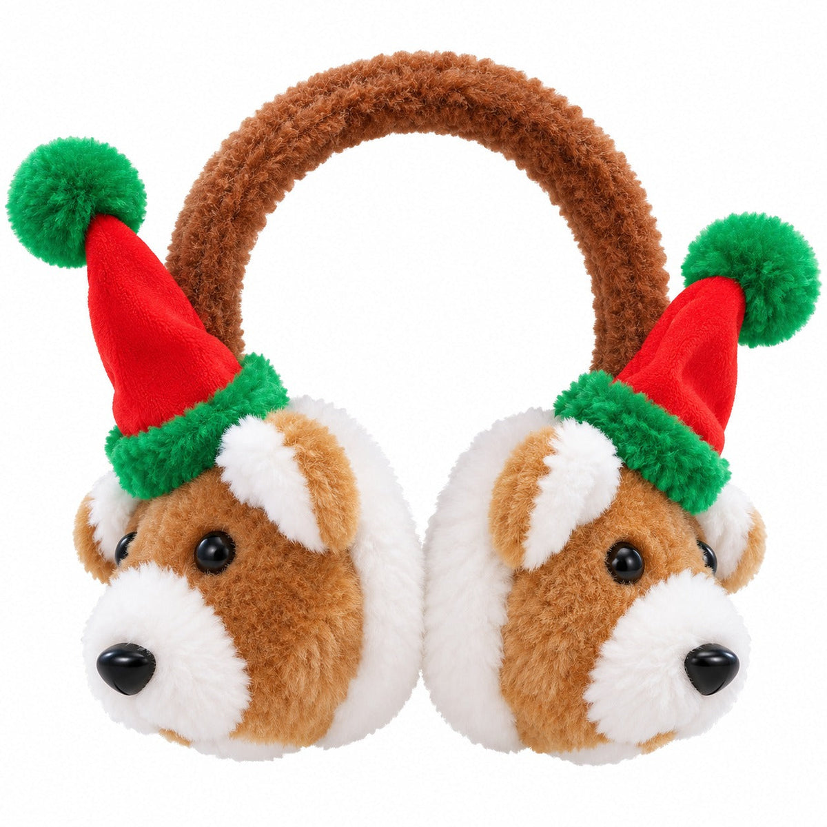 Winter Traditional Christmas Plush Dog Earmuffs – Brown, White, Red & Green