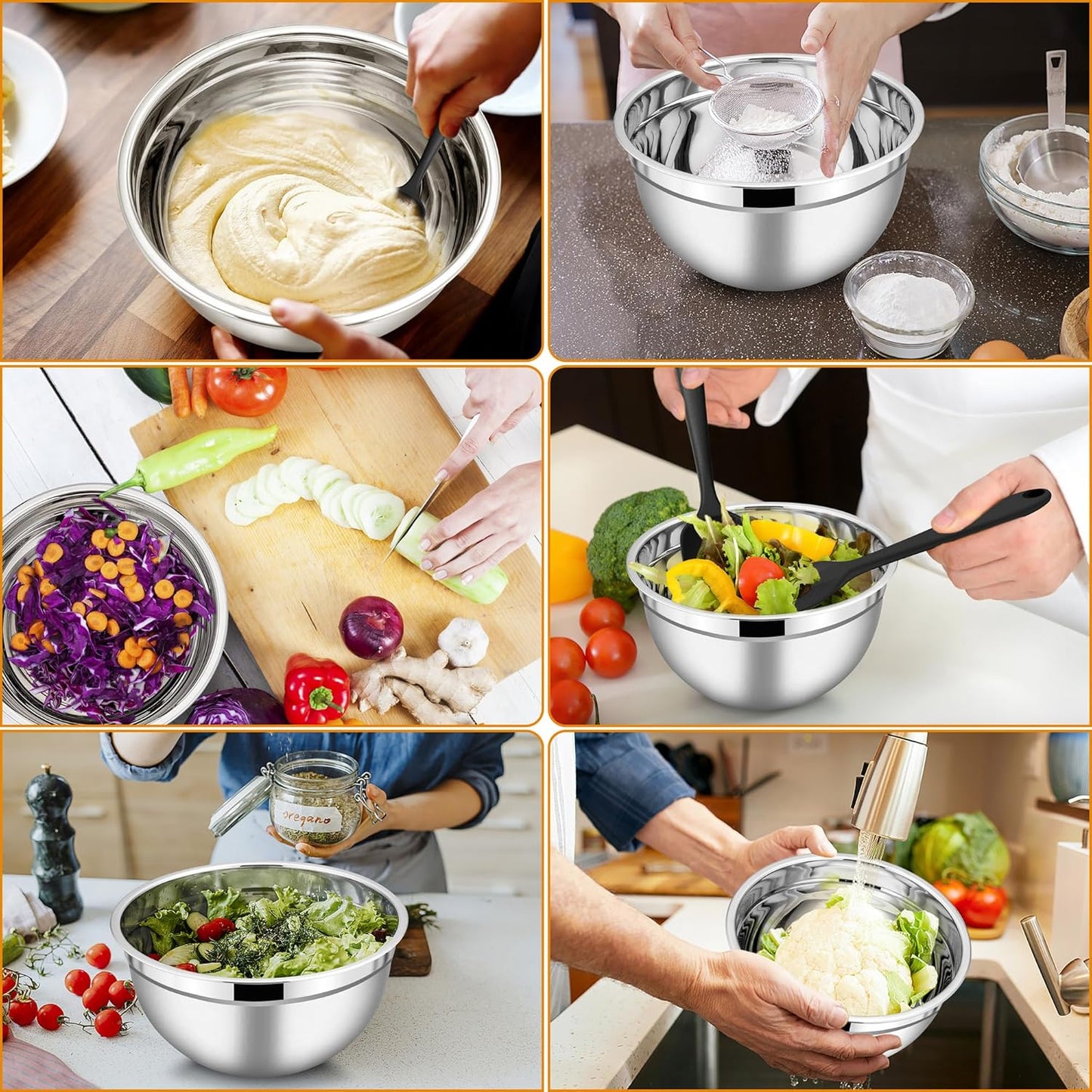 3-Pieces Stainless Steel Salad Bowl with Lid 18/22/26 cm Set