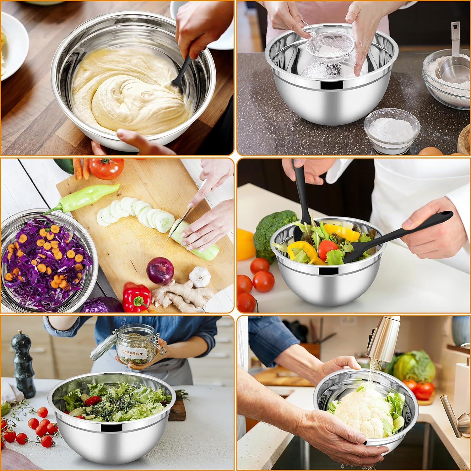 3-Pieces Stainless Steel Salad Bowl with Lid 18/22/26 cm Set