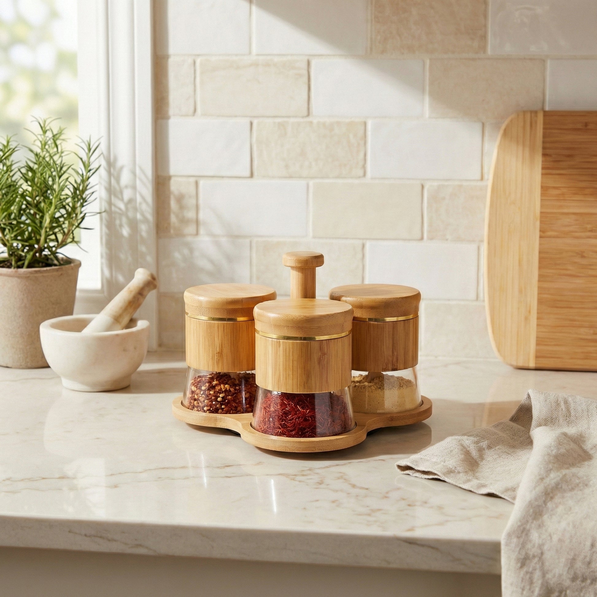 Bamboo Spice Rack Set with 4 Glass Jars Plastic Lid – 400 #CB-TWJ35