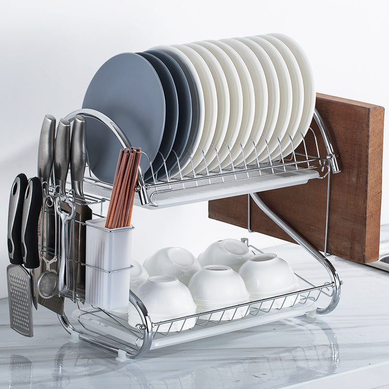 Binca Stainless Steel 2-Tier Metal Dish Drying Rack With Cutlery Holder & Drip Tray (L56 × W6 × H40)cm
