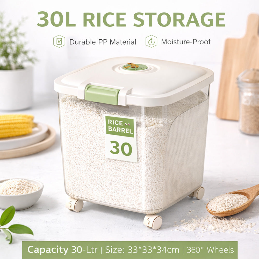 Leak-Proof Rice Storage Container – 30L Airtight PP Bin with Wheels