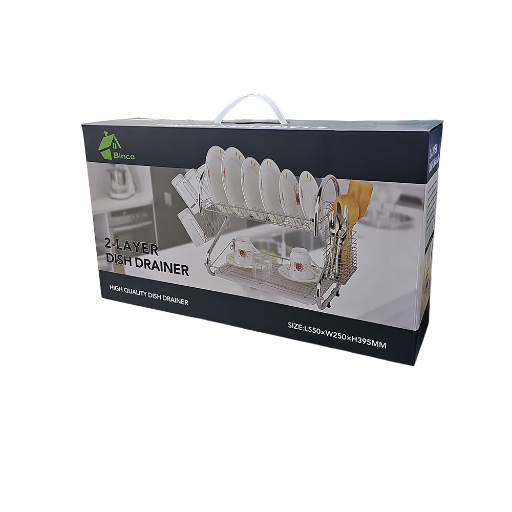 Binca Stainless Steel 2-Tier Metal Dish Drying Rack With Cutlery Holder & Drip Tray (L56 × W6 × H40)cm