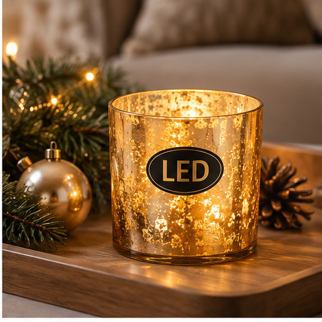 Flameless LED Glass Lantern with Real Wax Candle – Gold & Silver