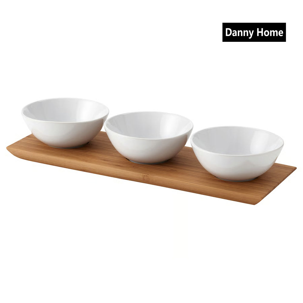 Danny Home 3-Pcs Ceramic Bowls With Bamboo Tray