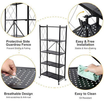 5-Tier Heavy Duty Foldable Storage Shelves With Wheels for Garage Kitchen, Basement & Pantry (W72 x D36 x H163)cm – Black