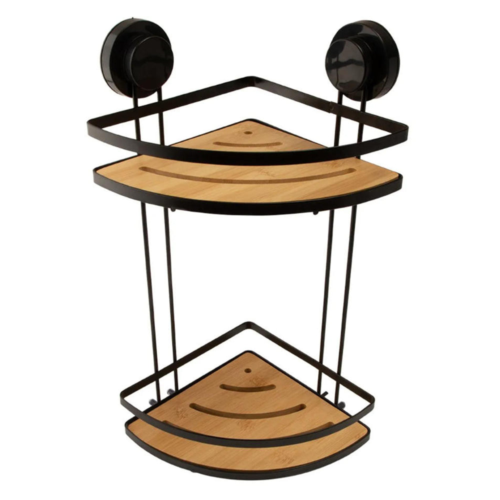 Corner Bath & Kitchen Shelf Suction Cups Metal With Bamboo 37x18cm