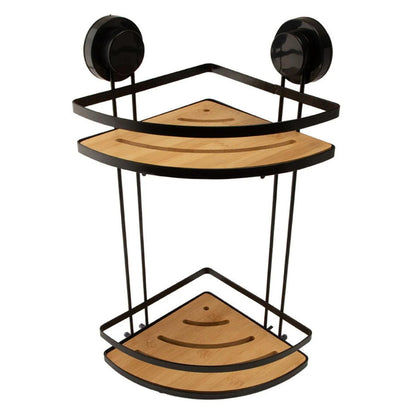 Corner Bath & Kitchen Shelf Suction Cups Metal With Bamboo 37x18cm