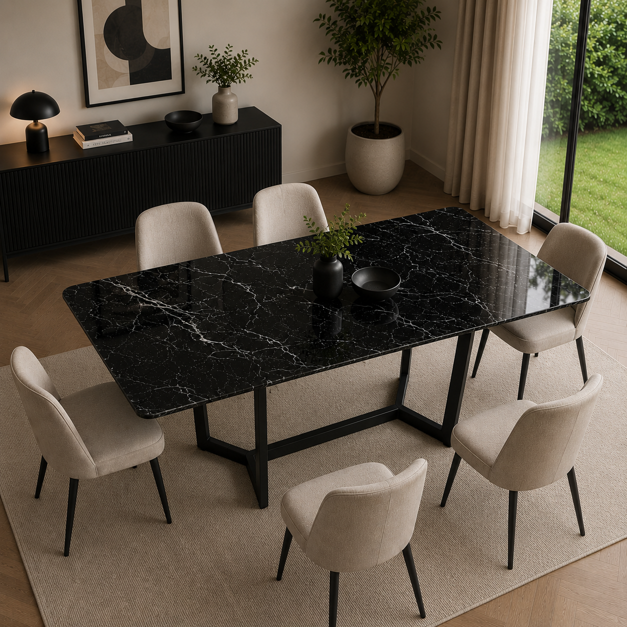 Reality Colonia Black Glass Marble Look Dining Table