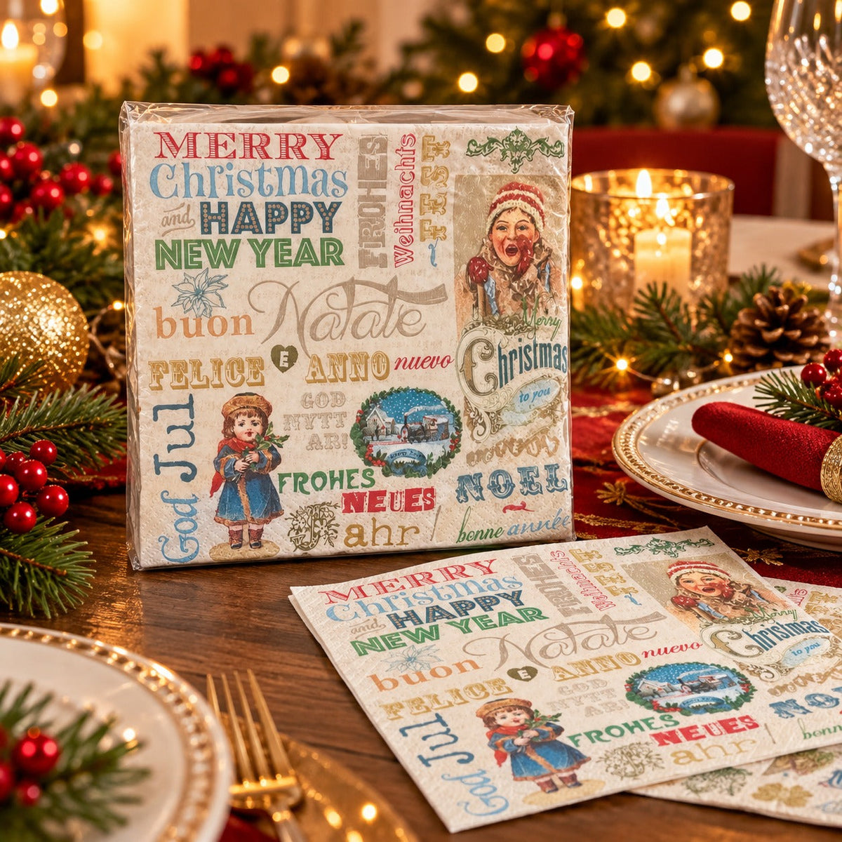 Cucina & Tavola Vintage Christmas Paper Napkins – 20 Pack, 33 × 33 cm