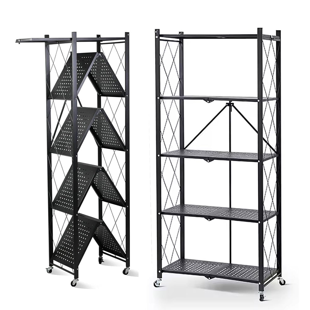 5-Tier Heavy Duty Foldable Storage Shelves With Wheels for Garage Kitchen, Basement & Pantry (W72 x D36 x H163)cm – Black