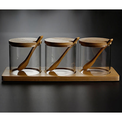 3-Pieces Set Storage Jar With Wood Lid & Tray