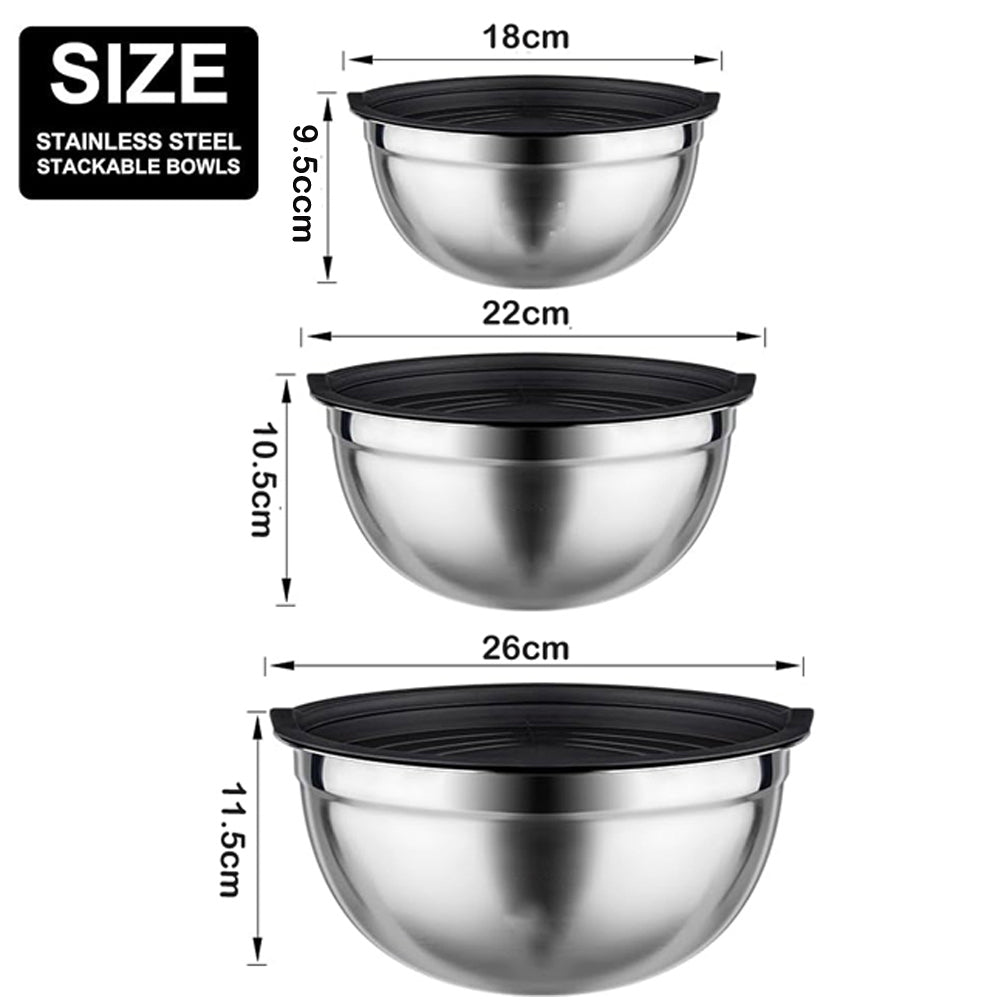 3-Pieces Stainless Steel Salad Bowl with Lid 18/22/26 cm Set