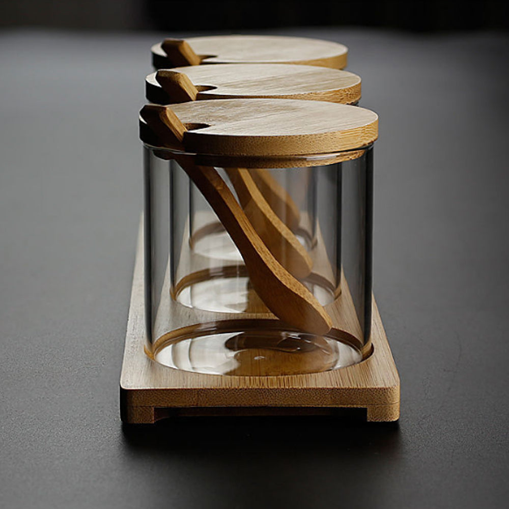 3-Pieces Set Storage Jar With Wood Lid & Tray