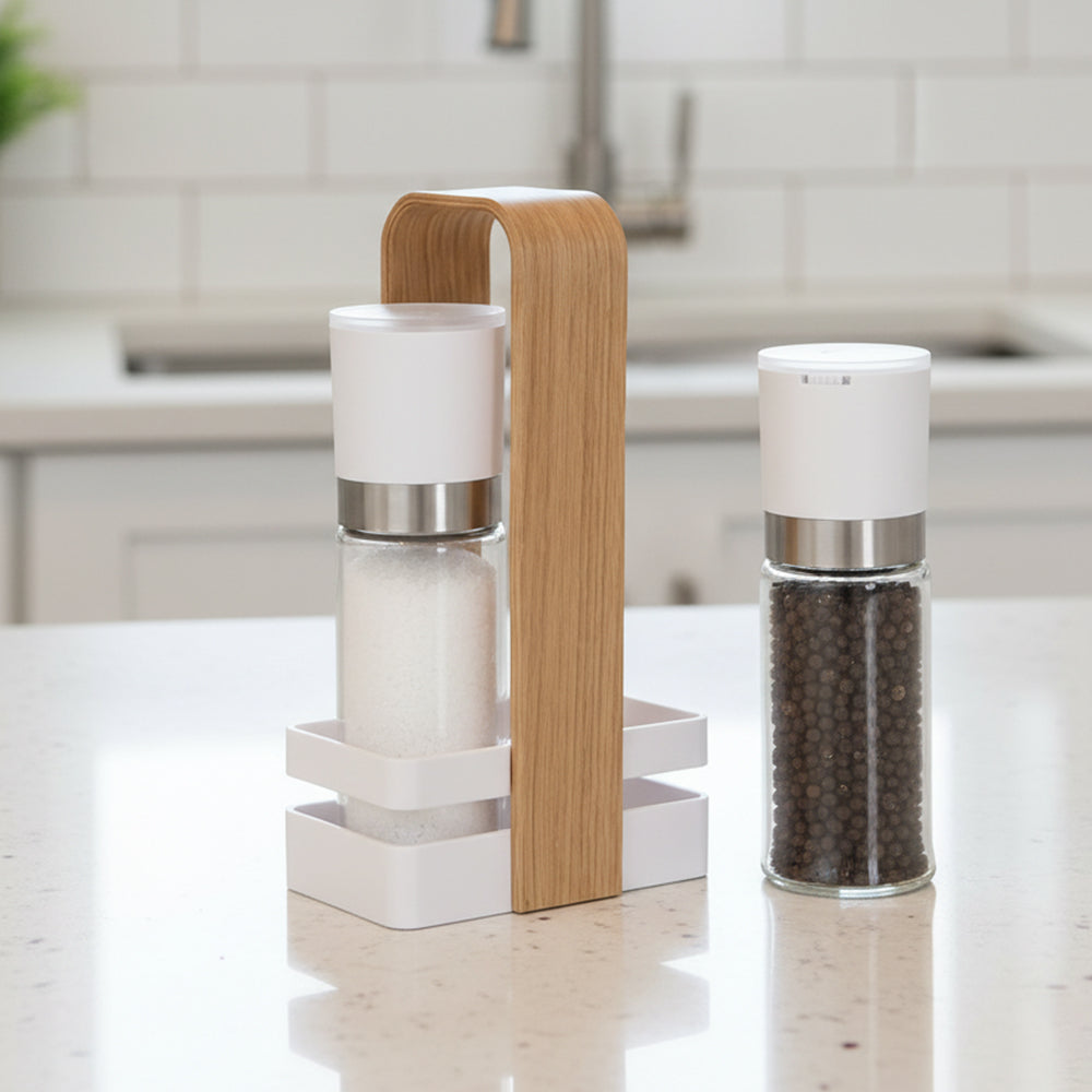 Danny Home 2-Pcs Salt & Pepper Grinder Mill With Rack Holder Wooden Handle