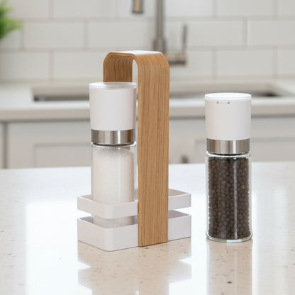 Danny Home 2-Pcs Salt & Pepper Grinder Mill With Rack Holder Wooden Handle