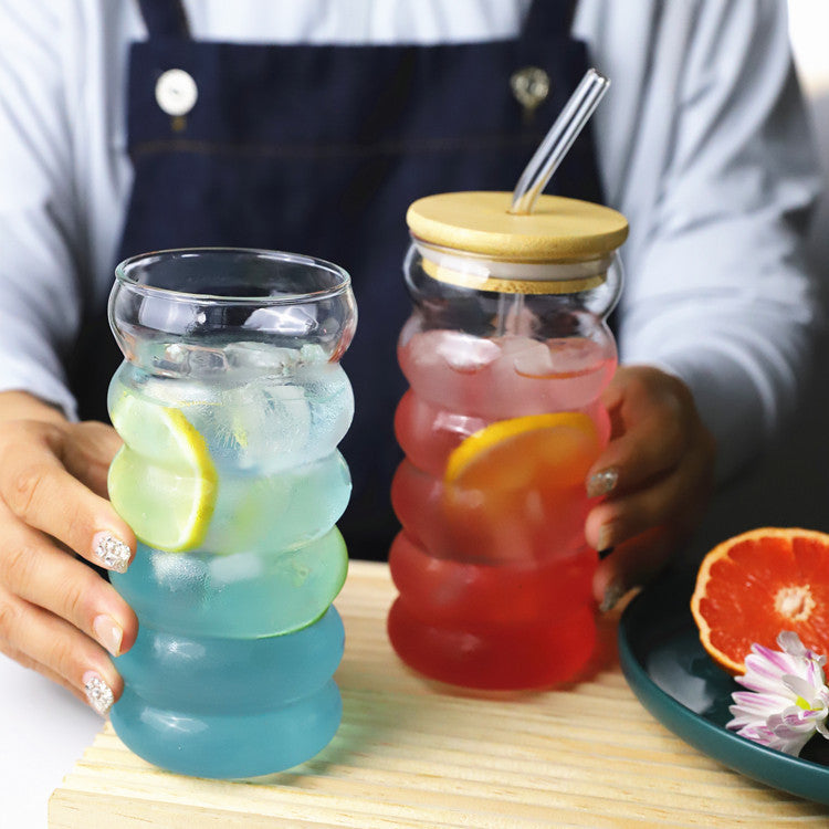 Matcha Wave Shaped Glass Tumblers Drinking with Lid and Straw – 450ml