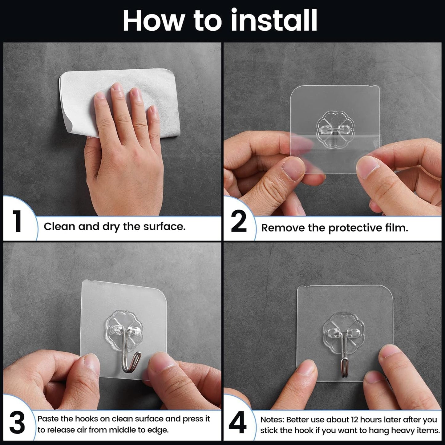 6-Pcs Heavy Duty Waterproof Transparent Adhesive Stainless-Steel Hooks 5.5cm (Load Up to 2-3 Kg)