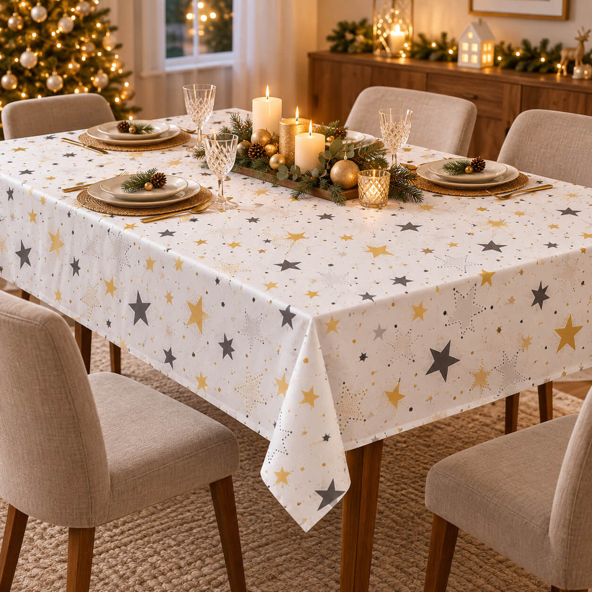 Cucina & Tavola Christmas Tablecloth White Gold Grey Stars – 140 × 220 cm