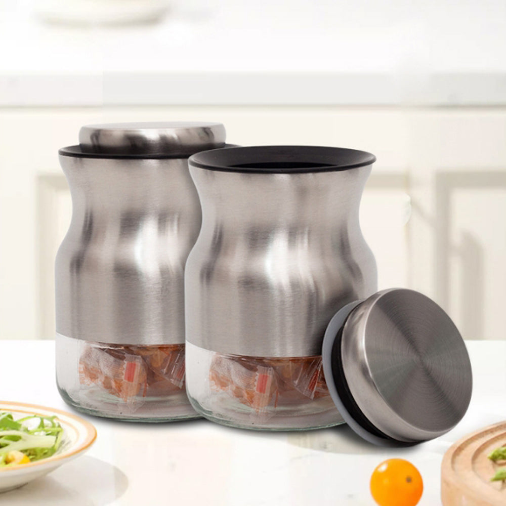 3-Pieces Stainless Steel and Glass Canister with Window for Spices or Grains