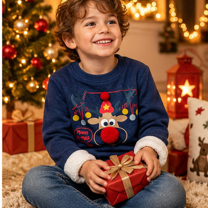 Kids Fleece-Lined Christmas Reindeer Sweatshirt – Navy