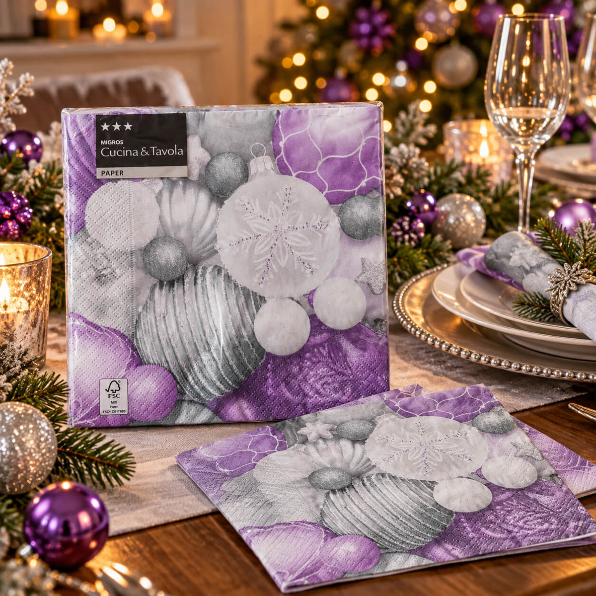 Cucina & Tavola Christmas Paper Napkins – Purple, Silver & White – 20 Pieces