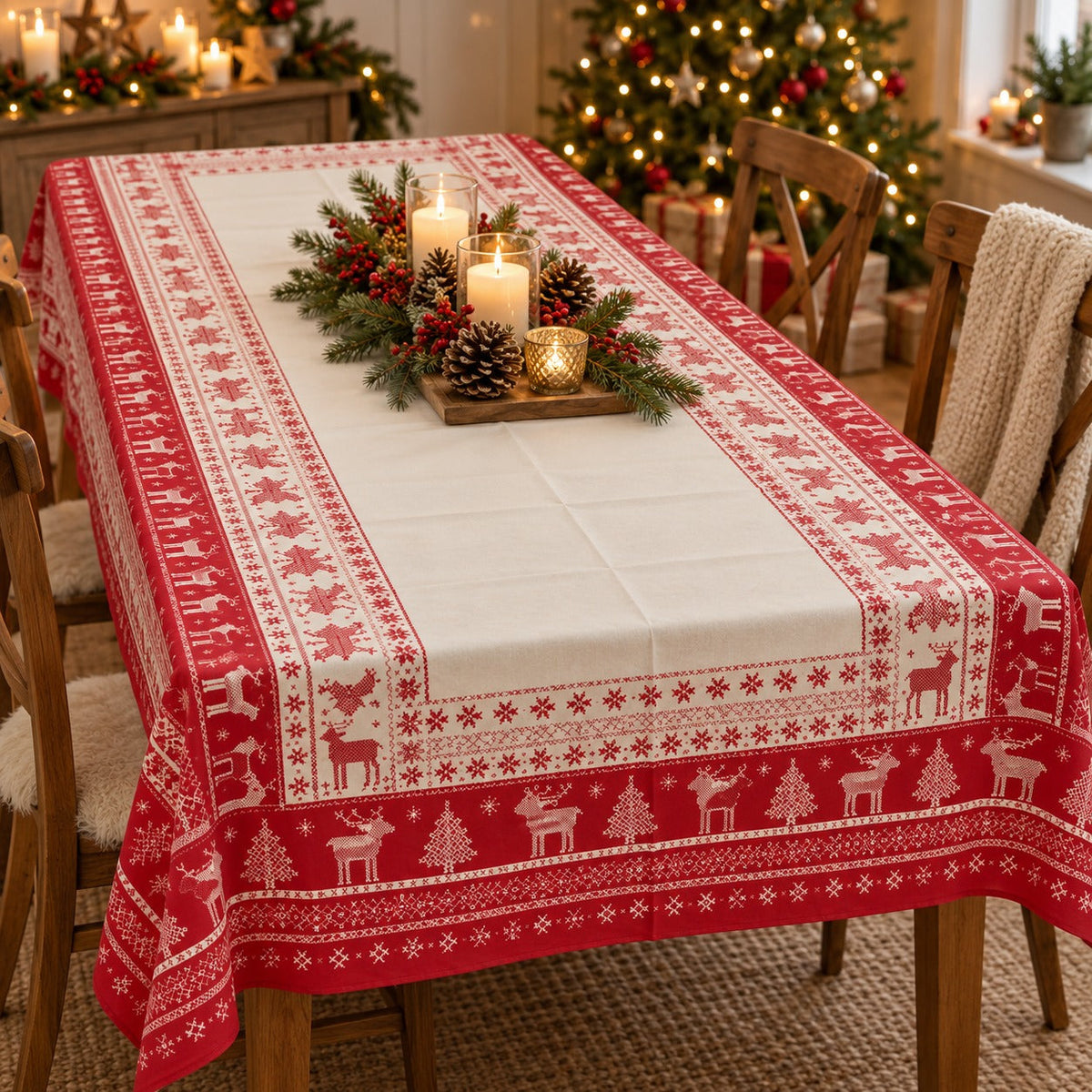 Noël  Cucina & Tavola Nordic Christmas Tablecloth – 138 × 220 cm – Blue or Red