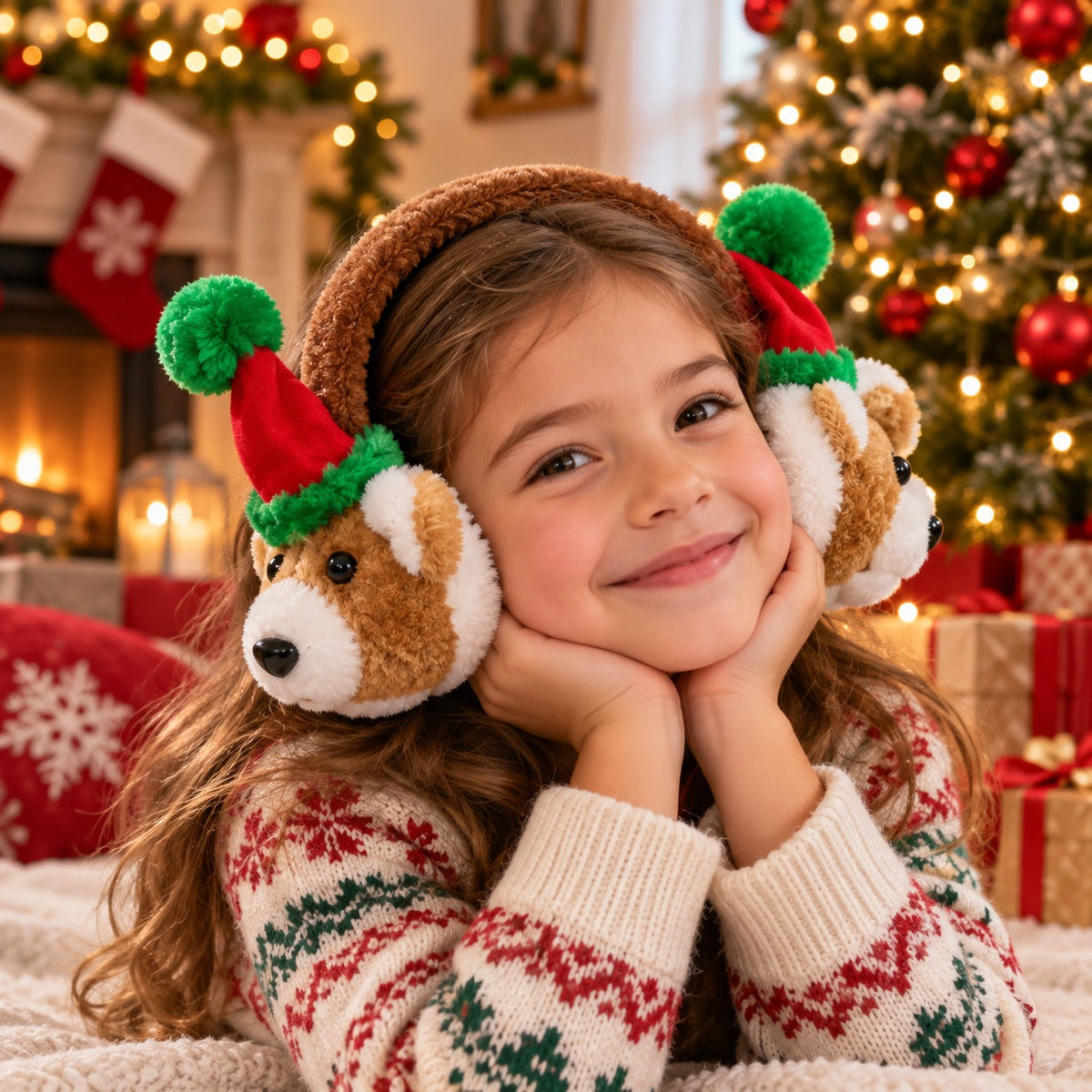 Winter Traditional Christmas Plush Dog Earmuffs – Brown, White, Red & Green