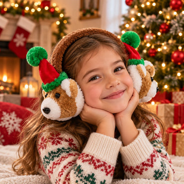 Winter Traditional Christmas Plush Dog Earmuffs – Brown, White, Red & Green