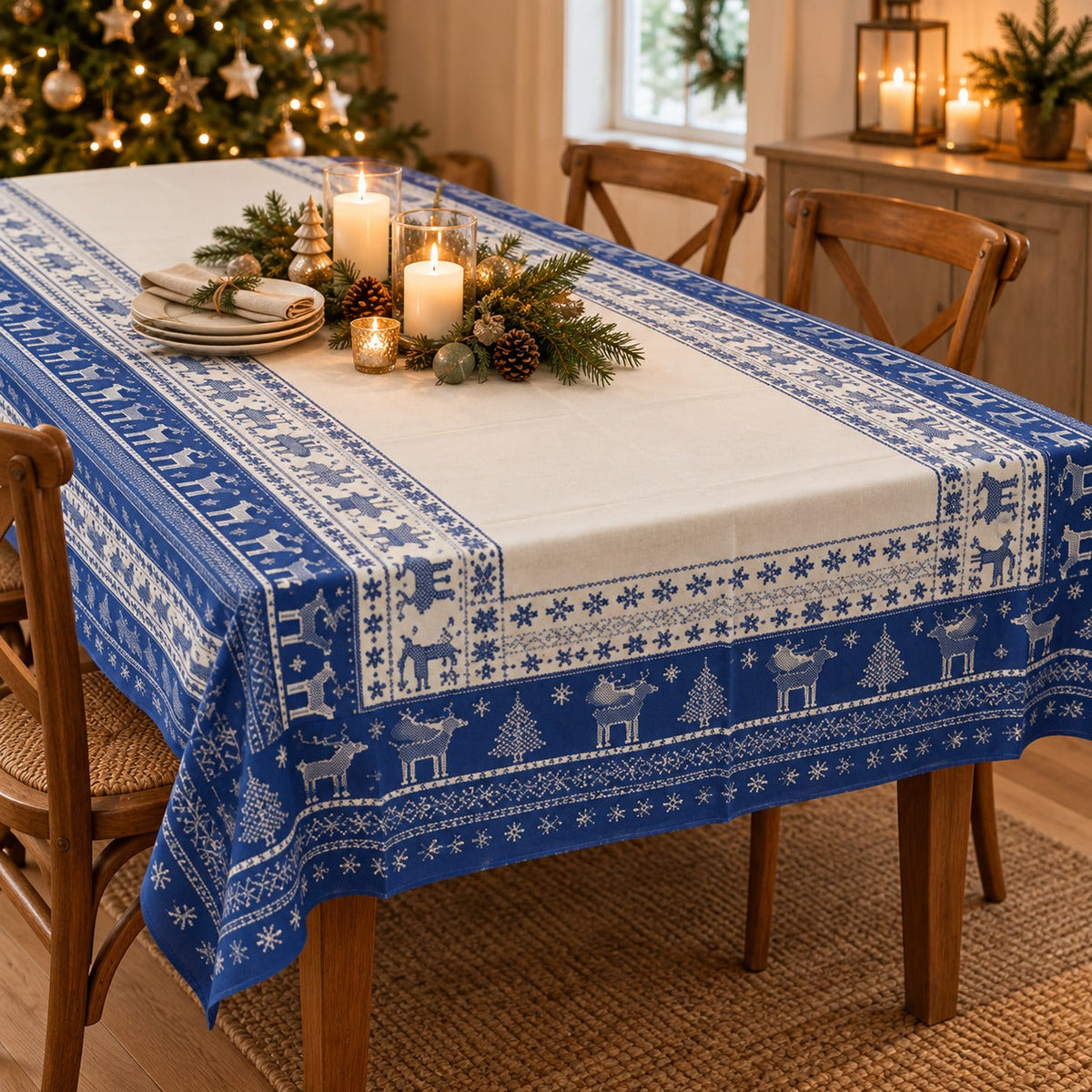 Noël  Cucina & Tavola Nordic Christmas Tablecloth – 138 × 220 cm – Blue or Red